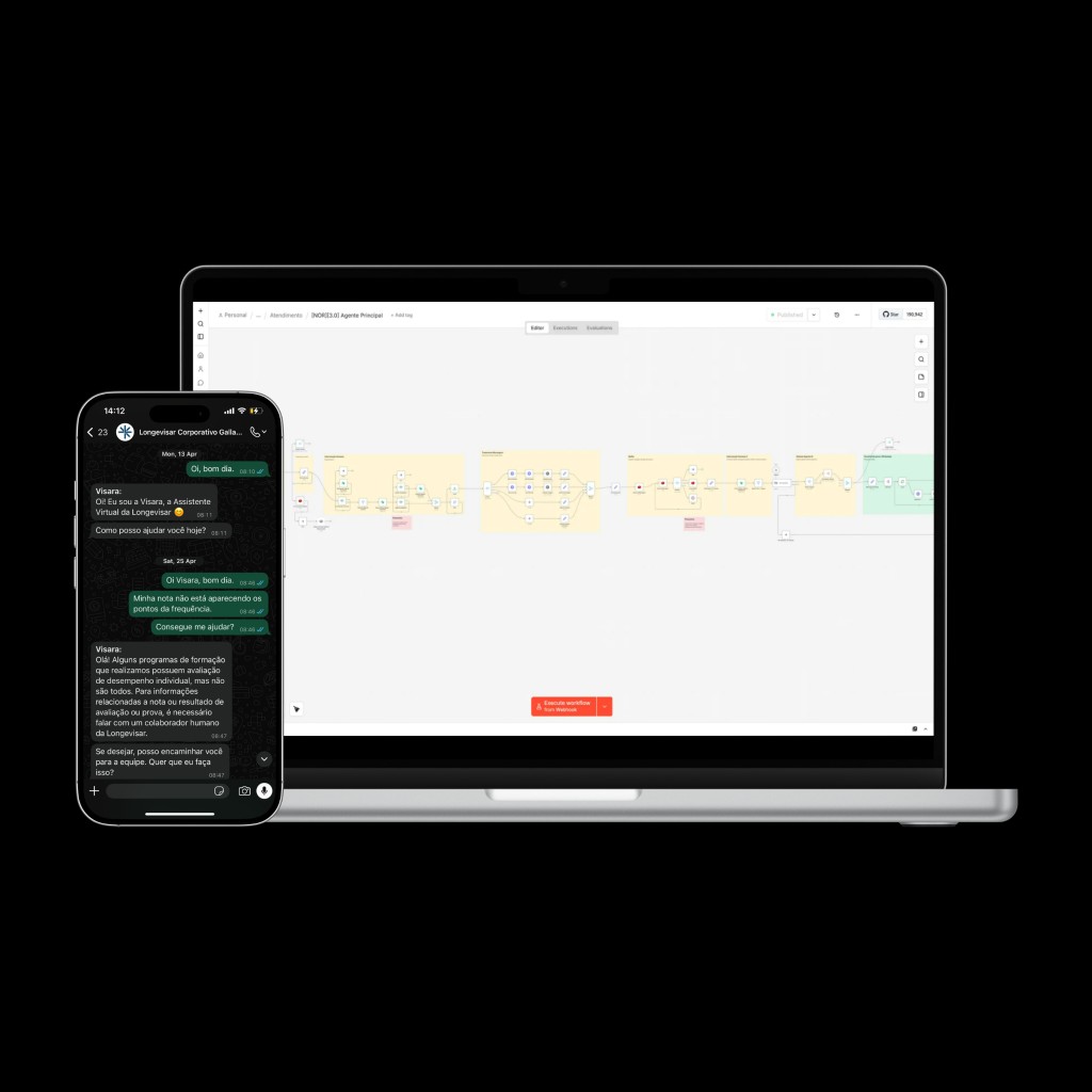 Mockup do agente de IA Longevisar: fluxo de automação no notebook e conversa no WhatsApp no celular.