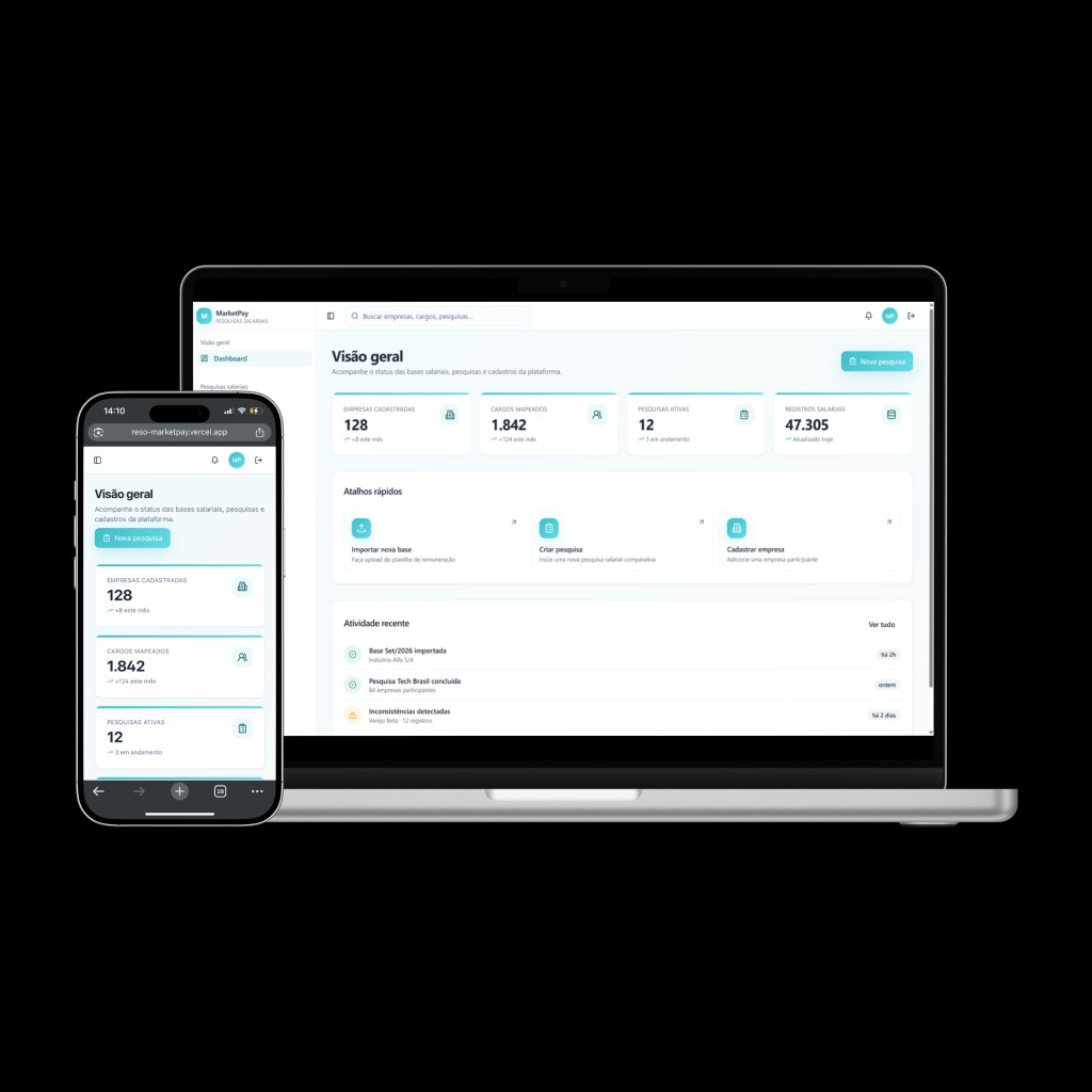 Mockup do MarketPay em notebook e celular: visão geral de pesquisas salariais, empresas e cargos mapeados.